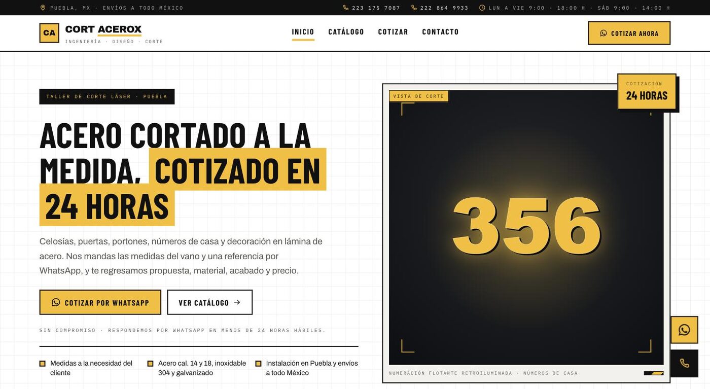 The Cort Acerox home page: a condensed black headline on white with a yellow marker, a WhatsApp quote button, and a framed photo of a backlit house number